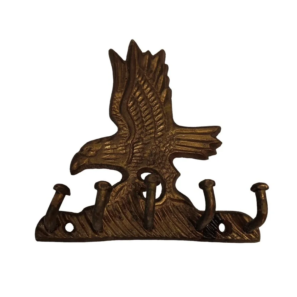 Solid Brass Hanging Eagle Key Holder Vtg Wall Mount 5 Hooks Car House Keys Leash